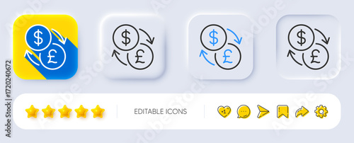 Currency exchange line icon. Neumorphic, Flat shadow, 3d buttons. Dollar to Pound money sign. Convert currency symbol. Line currency exchange icon. Social media icons. Vector
