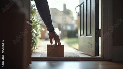 Unidentifiable person retrieving a small cardboard box from the doorstep, symbolizing contactless home delivery and the convenience of online shopping