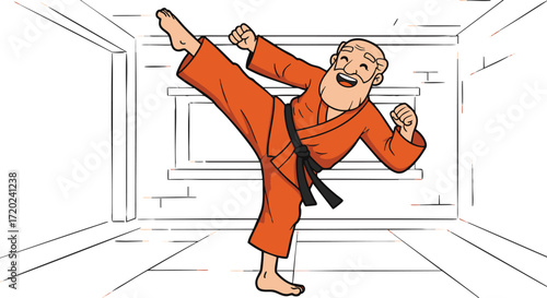 Happy Karate Master Kicking with Joy in a Corridor _20250710_040005