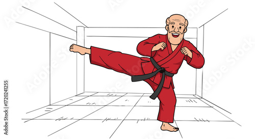 Senior Karate Practitioner Executing a High Kick in a Dojo Martial Arts Training and Skill