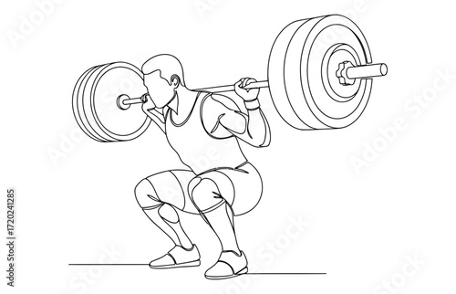 Vector art of continuous line drawing of man doing squats with barbell on shoulders in gym