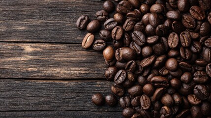 black coffee beans seed scattered on brown wooden table dark cofee espresso roasted grain flavour aroma cafe natural coffe shop background top close up view from above flat lay copy space no logos no