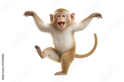 Playful baby monkey dancing with joy on black background, cut out