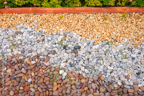 Εκτύπωση καμβά Pebble stone garden floor decoration background, Multicolor river pebblestone on