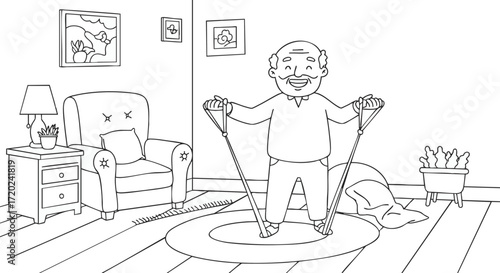Happy elderly man exercising at home with a resistance band, an active senior lifestyle concept presented as a line art illustration for coloring