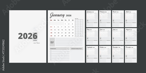 2026 Monthly Planner Calendar with Habit Tracker and Notes