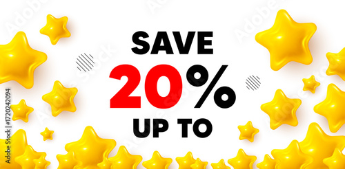 Discount winner banner with 3d stars. Golden stars banner. Save up to 20 percent tag. Discount Sale offer price sign. Special offer symbol. Review rate background. Vector