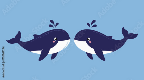 Cute cartoon whales splashing water on blue background  