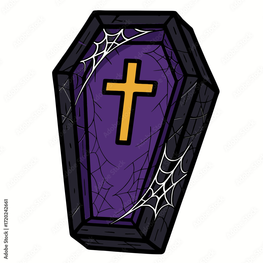 Obraz premium Halloween Coffin Illustration with Cross and Spider Webs