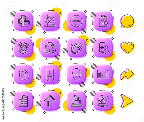 Video conference, Location app and Wallet line icons. App 3d buttons. Social media comment, share, like icons. Pack of Upload, Hand, Face recognition icon. Vector