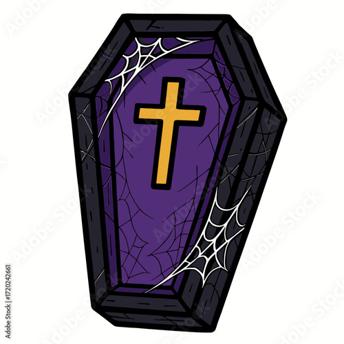 Halloween Coffin Illustration with Cross and Spider Webs
