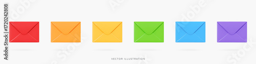 3D Rainbow close envelopes icon set. Subscribe to newsletter. Email message. Send post card. Envelope with letter or document. Mail notification. Cartoon design icons. 3D Vector illustration