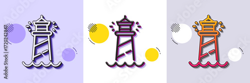Lighthouse line icon. Halftone dotted pattern. Gradient icon with grain shadow. Searchlight tower sign. Beacon symbol. Line lighthouse icon. Various designs. Vector