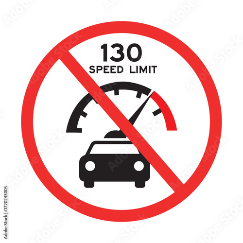no overspeeding sign with red circle and slash, 130 speed limit warning, car and speedometer symbol