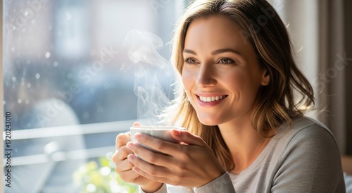 Woman Enjoying Hot Beverage Indoors, Lifestyle Photography, Bright Natural Light, Relaxing Atmosphere