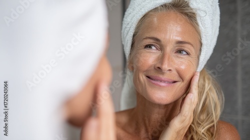gorgeous mid age adult 50 years old blonde woman standing in bathroom after shower touching face looking at reflection in mirror smiling doing morning beauty routine older dry skin care concept no lo