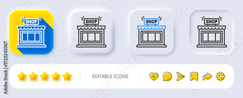 Shop line icon. Neumorphic, Flat shadow, 3d buttons. Store symbol. Shopping building sign. Line shop icon. Social media icons. Vector