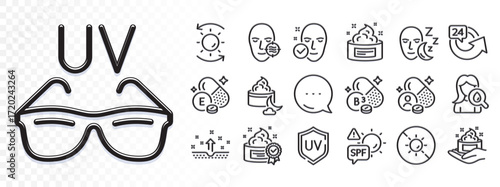 Spf protection, Sun protection and Niacin vitamin line icons for web app. Glare of light effect. Message icon. Pack of Skin care, Health skin, Night cream pictogram icons. Vector