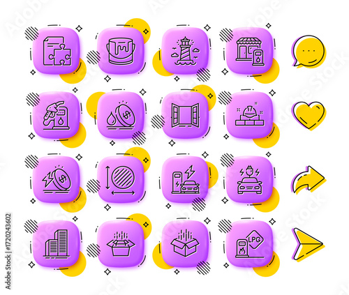 Energy price, Filling station and Open box line icons. App 3d buttons. Social media comment, share, like icons. Pack of Paint, Open door, Circle area icon. Vector