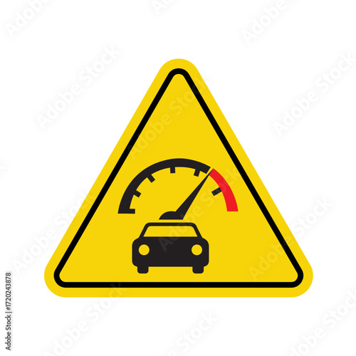 warning sign with car and speedometer icon indicating overspeeding or high speed alert on yellow triangle