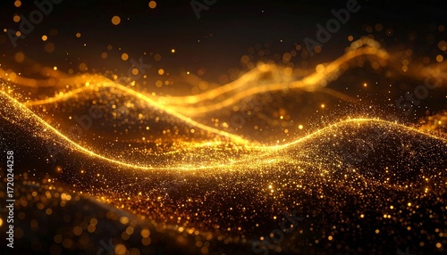 Golden Particle Waves Abstract Background Luxury Design.