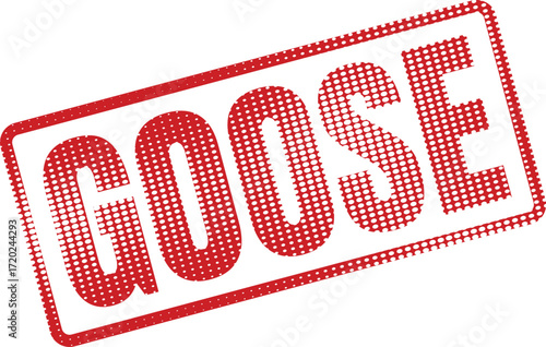Red halftone goose stamp is diagonally placed upon a white transparent background