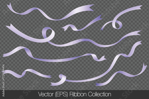 Realistic set of purple ribbons isolated on a transparent background, featuring curved ribbons in different lengths, twists, and shapes. Vector illustration for holiday decorations and graphic project