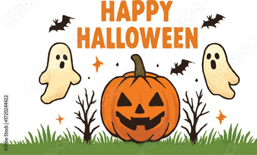 Halloween pumpkin with leaves on autumn night background