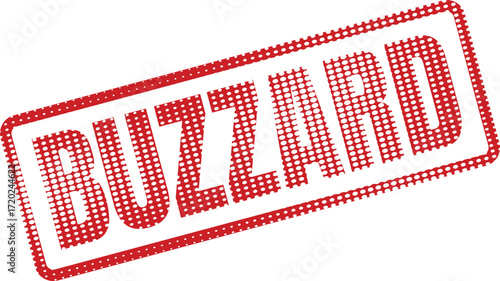 Red halftone dotted frame spells BUZARD diagonally on a bright white background