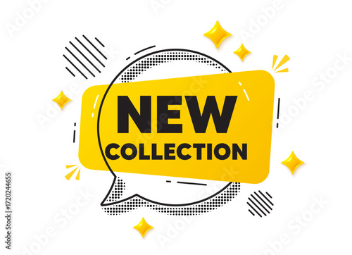 New collection chat speech bubble. Social media concept. New collection tag. New fashion arrival sign. Advertising offer symbol. Yellow chat message. Offer speech bubble. Glare 3d stars. Vector
