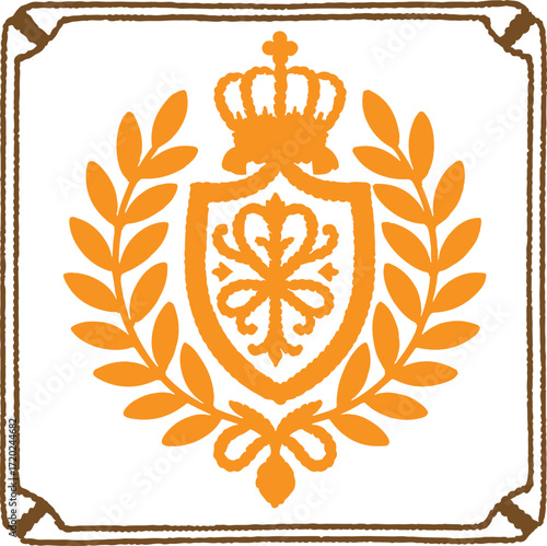 Orange Heraldic Crest with Crown and Laurel Wreath on White emblem shield