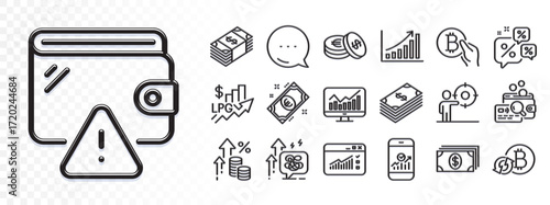 Statistics, Smartphone statistics and Usd currency line icons for web app. Glare of light effect. Message icon. Pack of Inspect, Discounts chat, Refresh bitcoin pictogram icons. Vector