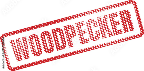 Red halftone pattern spells woodpecker in a tilted rectangular shape against a transparent backdrop