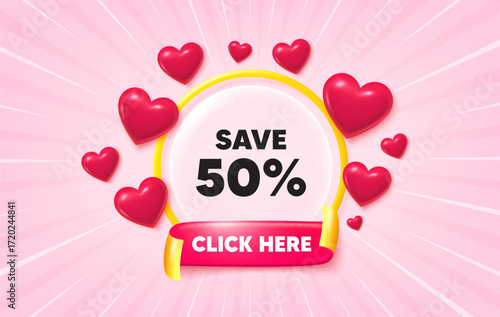 Discount sunburst ray banner. Click here flag ribbon. Save 50 percent off tag. Sale Discount offer price sign. Special offer symbol. 3d hearts glitter. Red ribbon tag. Discount offer. Vector