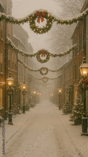 Wallpaper Mural [soft film grain view of snowy street with holiday decor mobile wallpaper] Torontodigital.ca