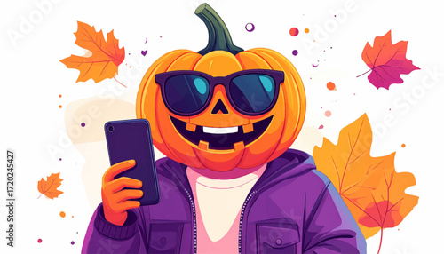 Smiling Jack-o'-Lantern Character with Sunglasses Holding a Smartphone, Halloween Concept