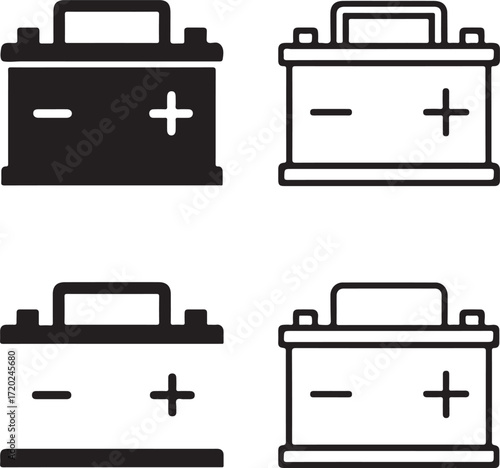 Car battery icon set, energy power design, car battery vector, automotive charge symbol, electricity accumulator, mechanic service, professional minimal pack
