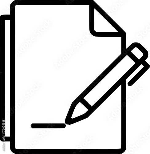 a black and white icon of a document with a pen writing on it