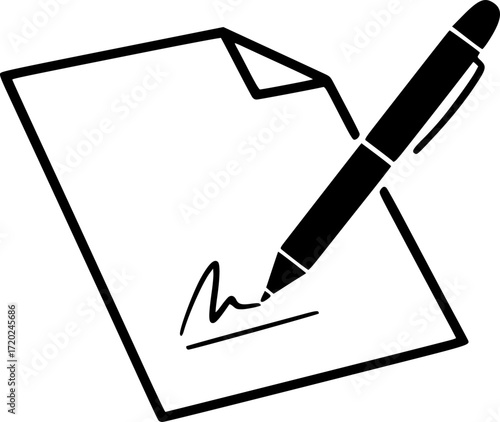 a black and white icon of a document with a pen writing on it