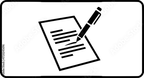 a black and white icon of a document with a pen writing on it