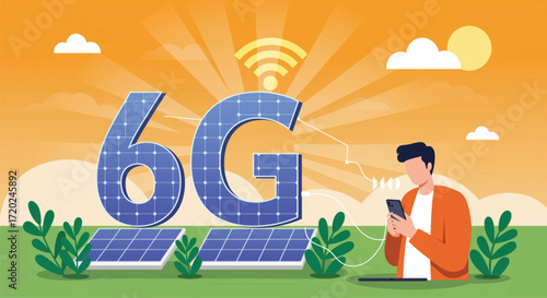 A vibrant illustration showcasing 6G technology with solar panels integrated into the "6G" logo. EPS Vector