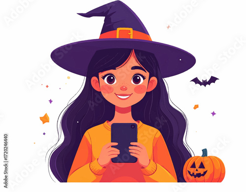 A witch with long black hair wearing a purple hat holding a smartphone beside a jack-o'-lantern