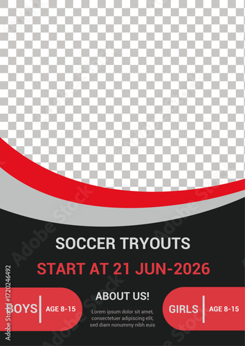 Editable soccer tryouts flyer template with red and black design, photo placeholder, and modern layout. Perfect for sports events, tournaments, and youth soccer promotions