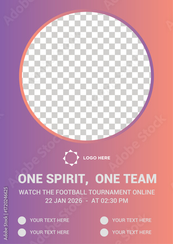 Editable football tournament flyer template with gradient background, circular photo frame, and bold headline. Perfect for sports events, match promotions, and online game ads.