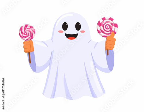 A cute and friendly cartoon ghost character happily holding two pink swirl lollipops, an adorable Halloween spirit isolated on a white background