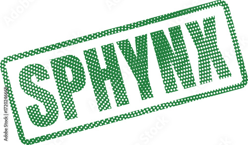 Green dotted rectangular imprint displaying the word SPHYNX in a stylized, geometric design against white
