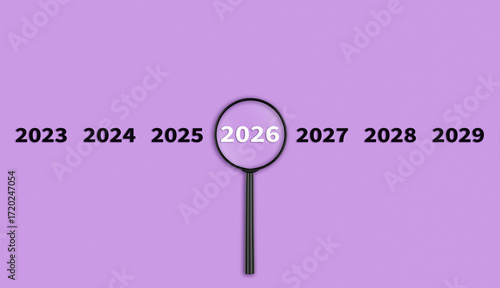 Lens, magnifying glass focusing on the year 2026 on a Purple background. Financial or stock market strategies and past and future events.