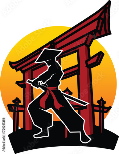 Silhouette of Ninja Warrior by Red Torii Gate at Sunset samurai japan