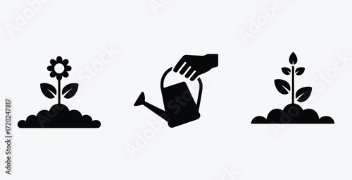 Gardening vector icons plants watering can and growing seedling silhouette