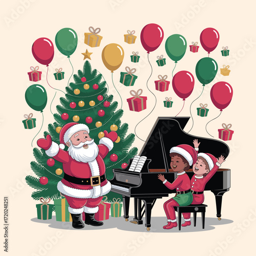 "Santa Claus with Kids Playing Piano and Christmas Tree – Holiday Party Celebration Vector"